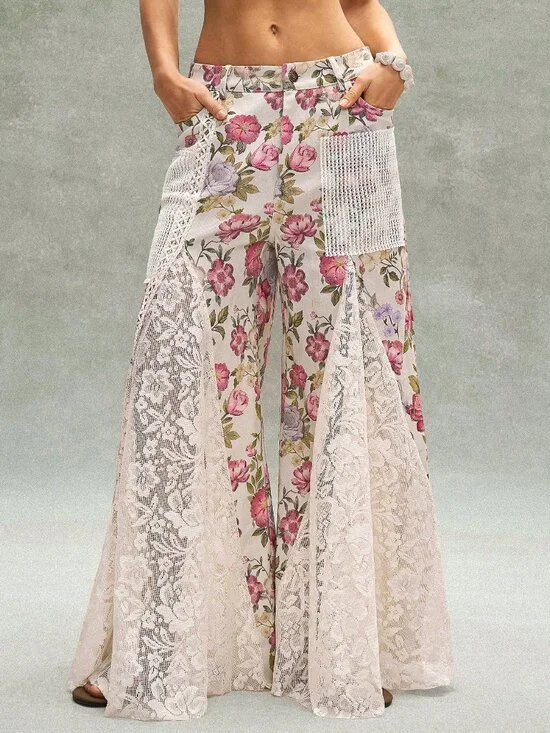 Khaki Boho Women's Casual Ditsy Floral Lace Loose Wide-Leg Low-Waist Pants - Picture 5 of 8